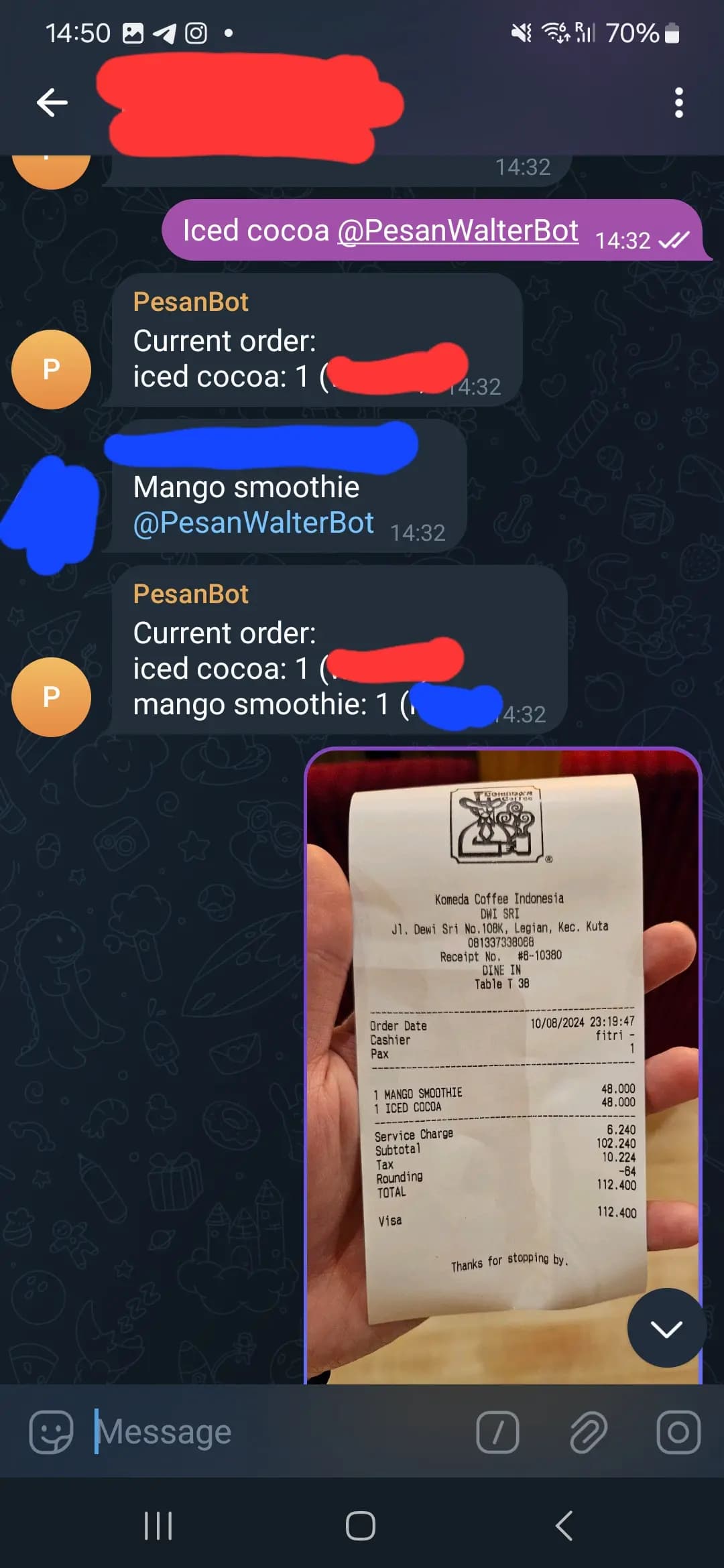 PesanBot in action: Taking orders and processing receipts