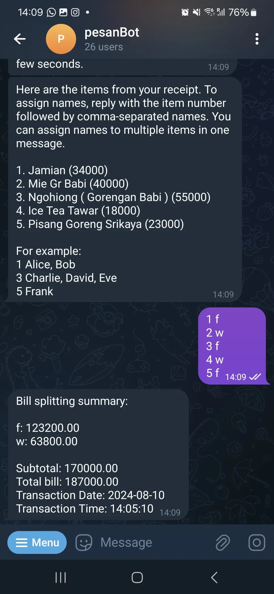 PesanBot accurately matches receipt items to orders